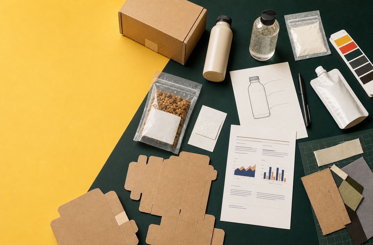 Overhead CPG product-development table with packaging prototypes, sample pouches, bottles, dielines, swatches, and a financing document.
